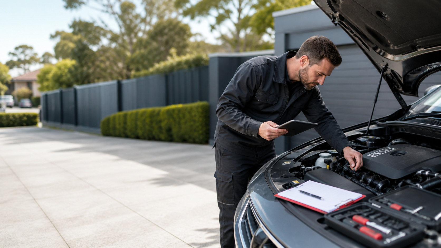 Mobile mechanic completing a comprehensive used car inspection in Melbourne