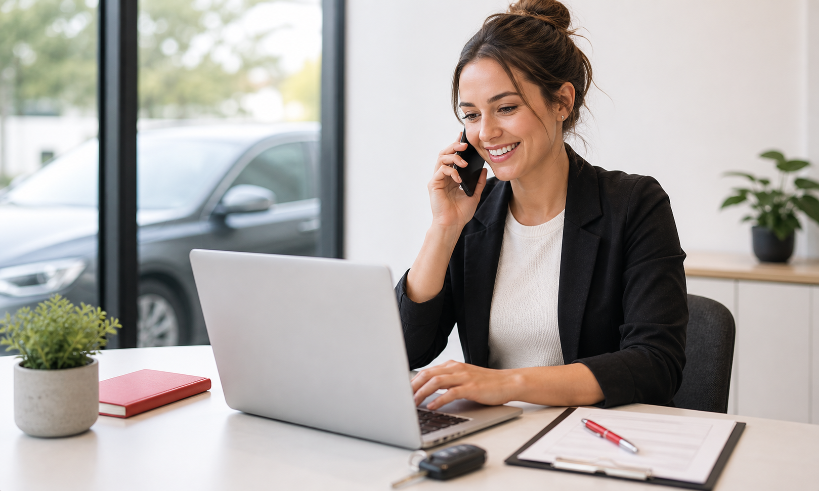 Car inspection booking desk with laptop and keys