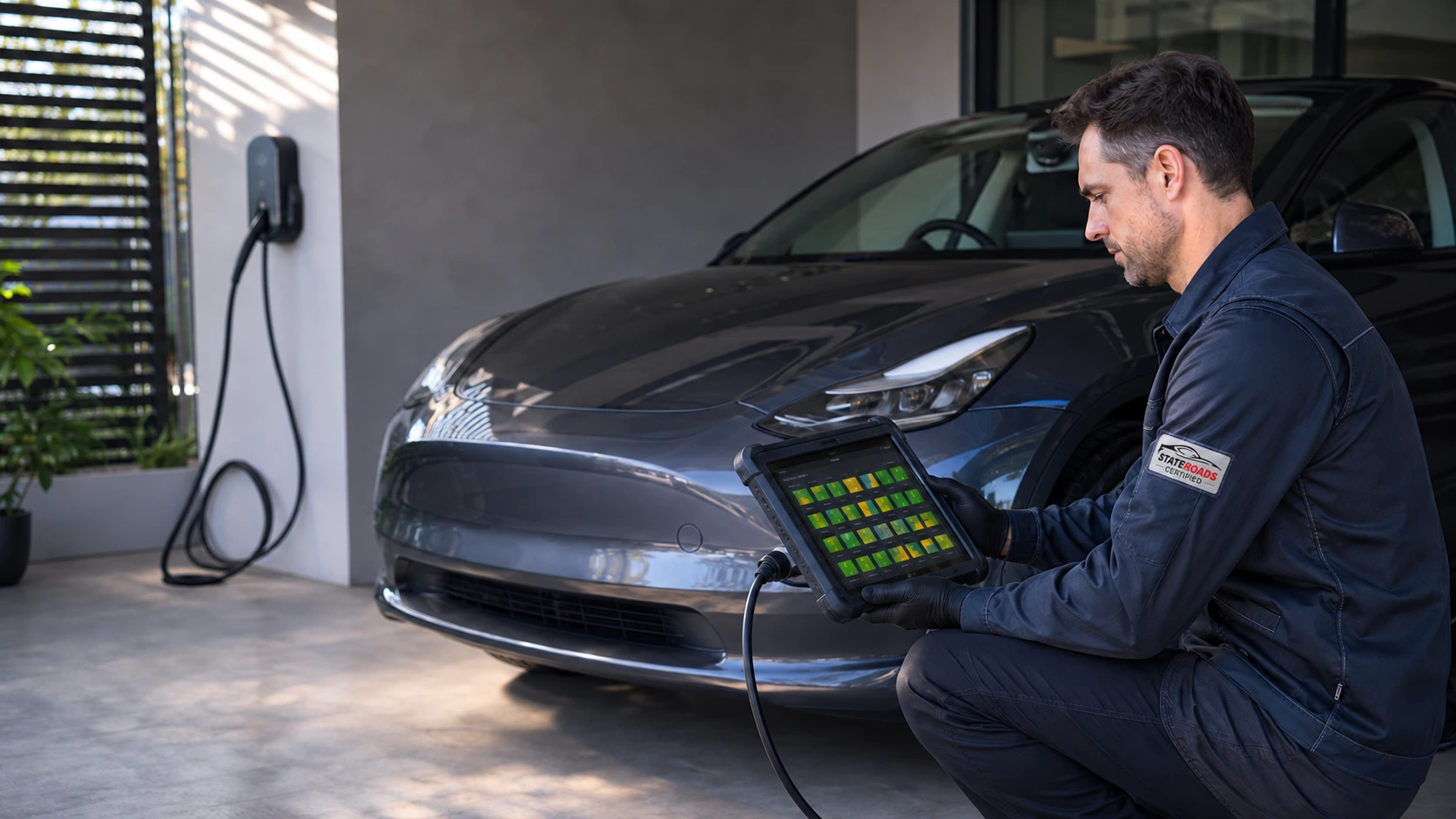 Technician testing the State of Health of an electric vehicle battery in Melbourne