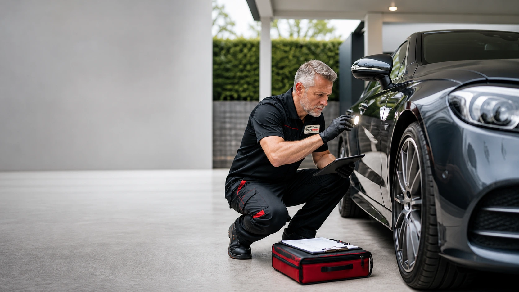 Senior mechanic completing a platinum inspection on a prestige used car in Melbourne