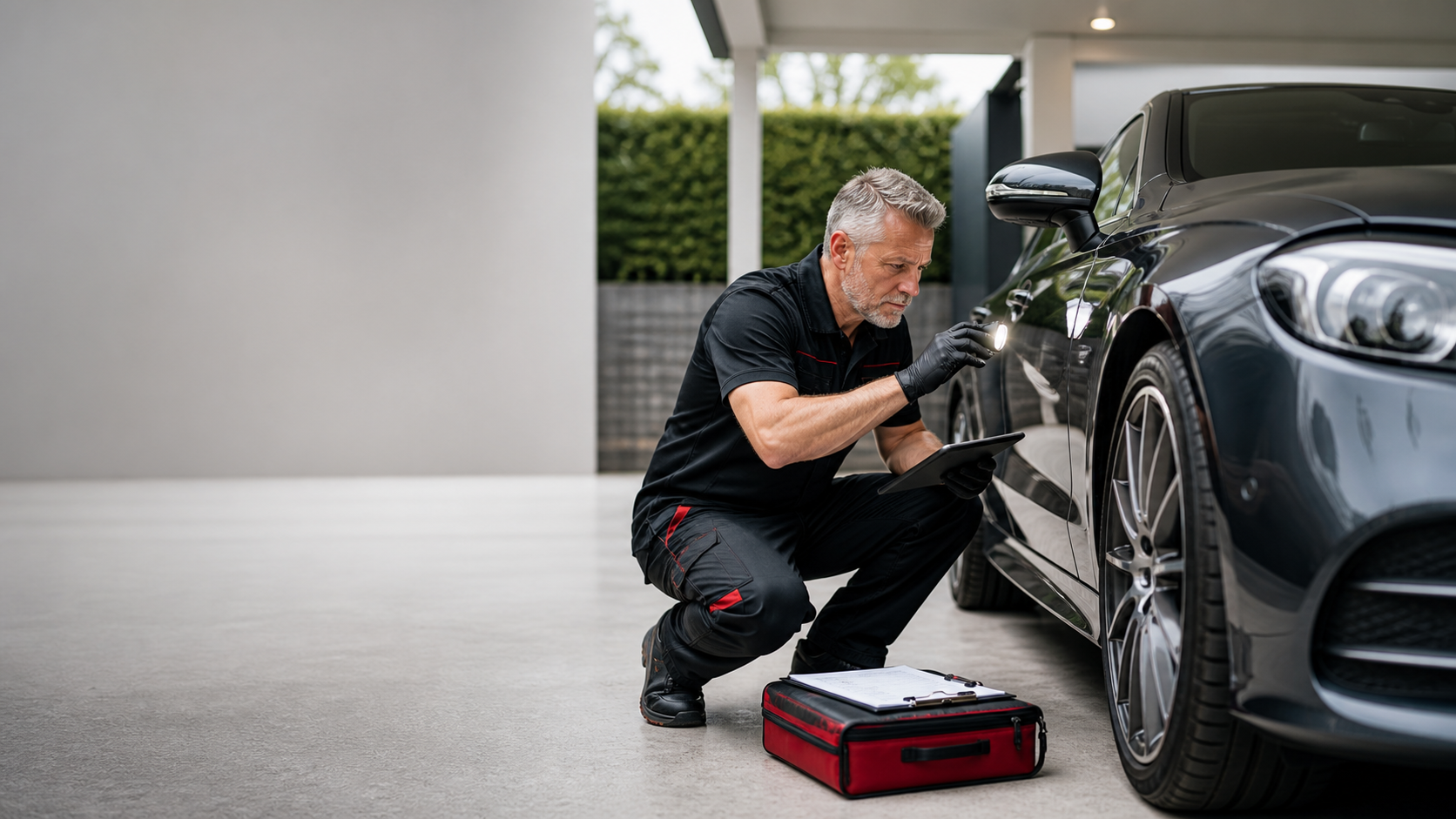 Senior mechanic completing a platinum inspection on a prestige used car in Melbourne